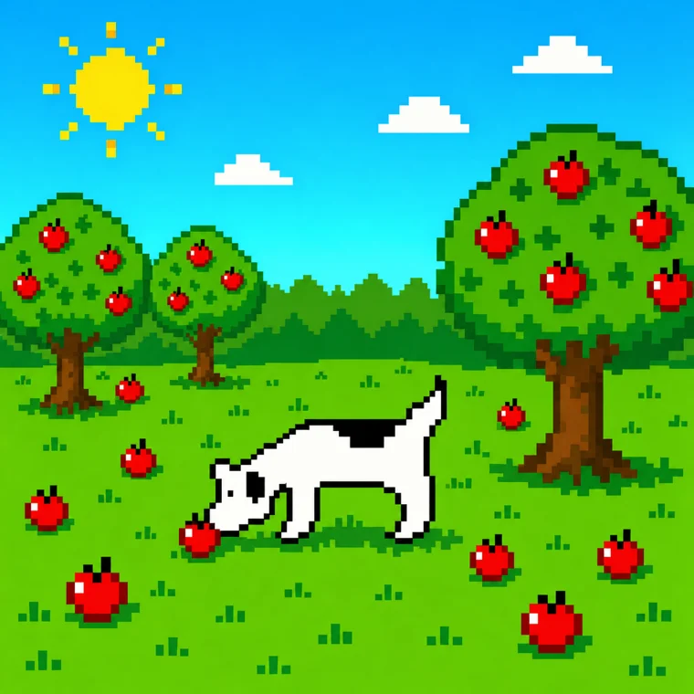 Clarus grazing in an apple orchard